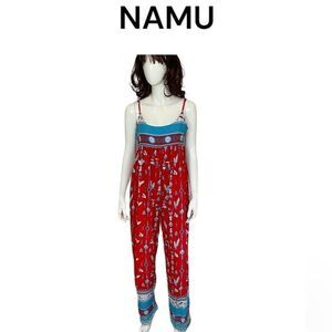 NAMU Red Blue Tribal Ethnic Print Boho Jumpsuit M/L